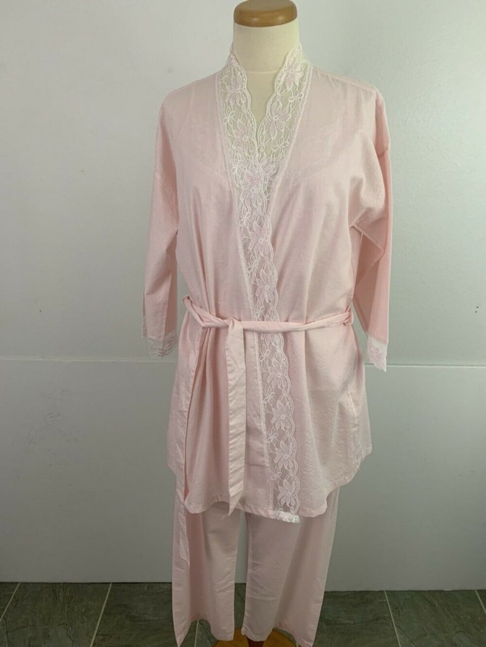 Vintage Vandemere Women's L Sleepwear Set Robe Tank Top Pant Pink Lace Cotton